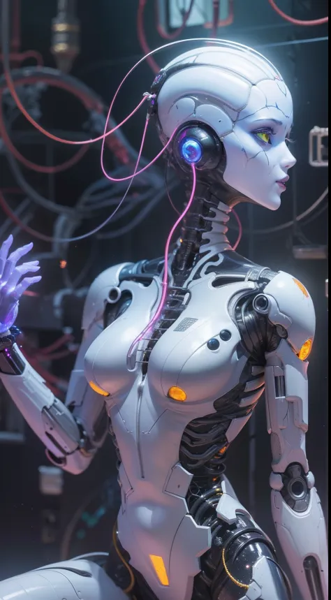 Araffed Cyborg with high-resolution white plastic details, (1female), cosmic eyes, spectral appearance, nebula gas around her body, surrounded by nightmarish organic wilderness out of bounds with reality, out of human comprehension, divine pose, humanoid c...