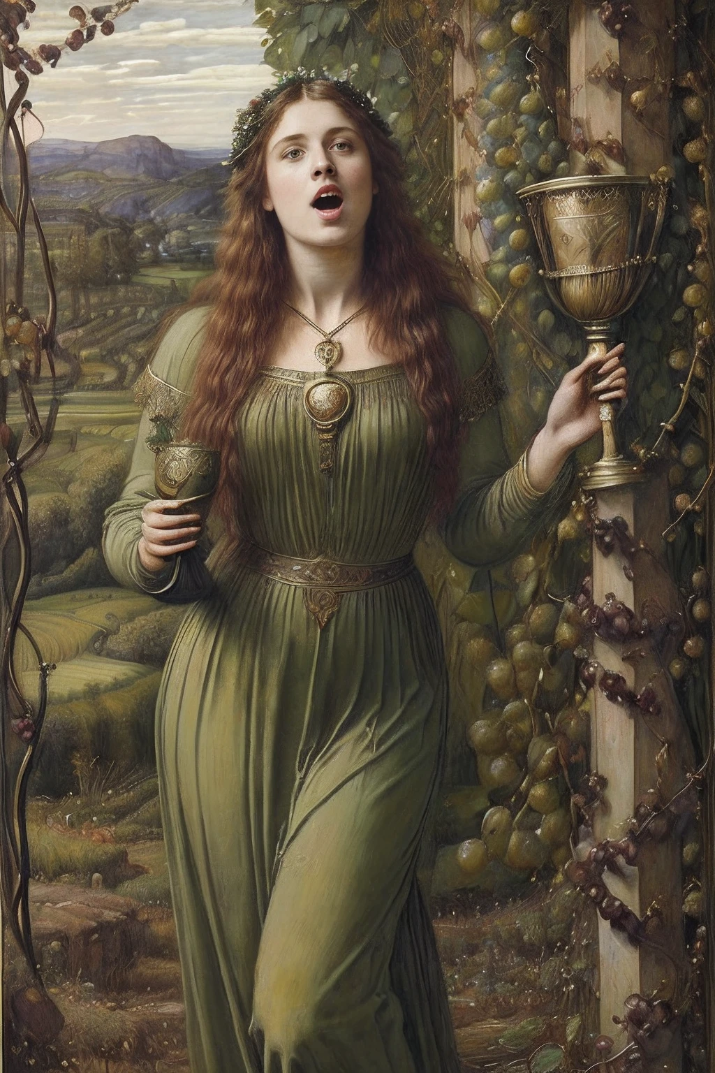 (((Paintings by the Pre-Raphaelites，The painting is of a singing man，Holding the bronze chalice under vines filled with grapes, Celtic costumes, with her mouth open, Singing, Neck raised, Celtic landscape, Hills)))