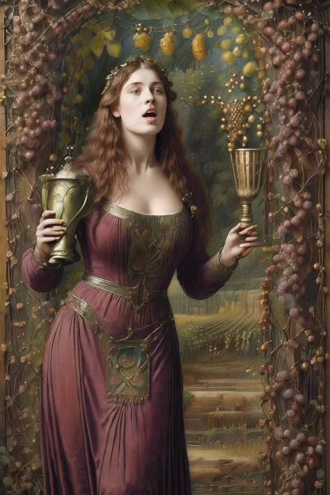 (((paintings by the pre-raphaelites，the painting is of a singing man，holding the bronze chalice under vines filled with grapes, ...