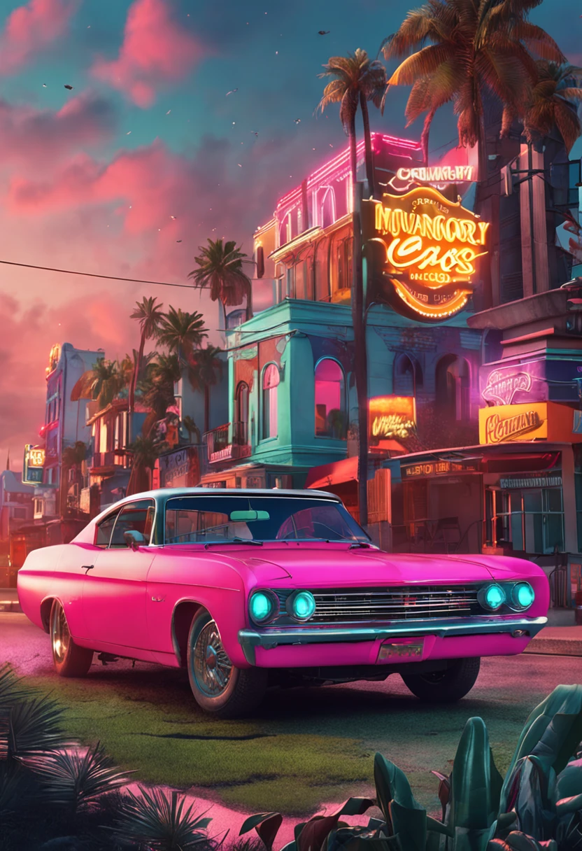 A pink car parked in front of a neon sign on a street - SeaArt AI