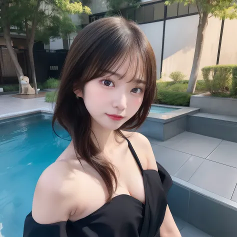 A Japanese Lady。Very cute。25-years old。a baby face。A-cup。small tit。Eros。Hair color is golden、It is almost white。Medium Hair。gals。Black swimsuit。
Smooth skin
