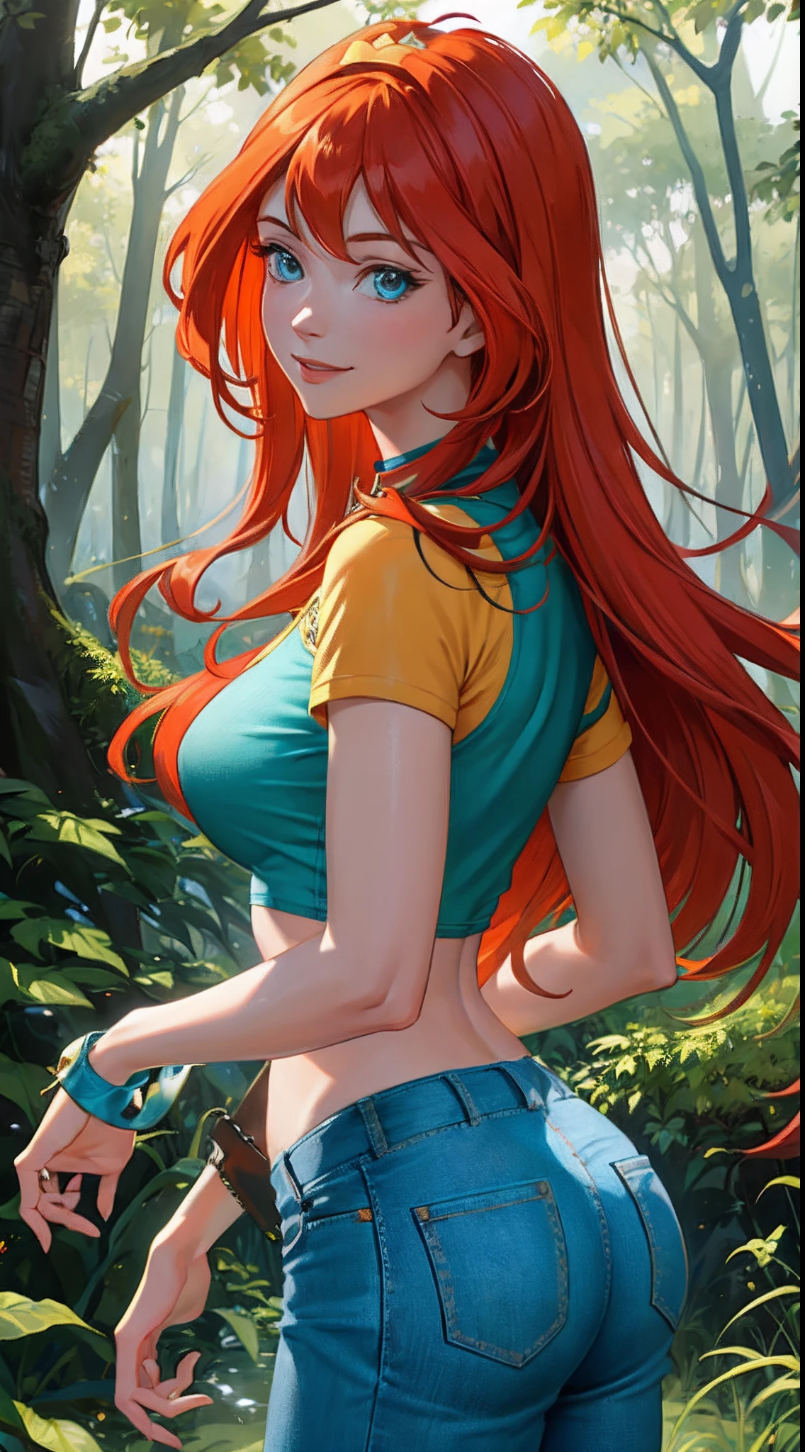 A woman with red hair and blue jeans standing in the woods - SeaArt AI