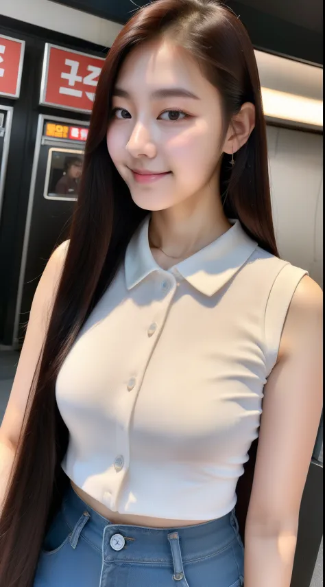 realistic photos of (1 cute Korean star), hair between eyes, white skin, thin makeup, 32 inch breasts size, slightly smile, wearing brown vest, pants, at cinema entrance, close-up, 16k