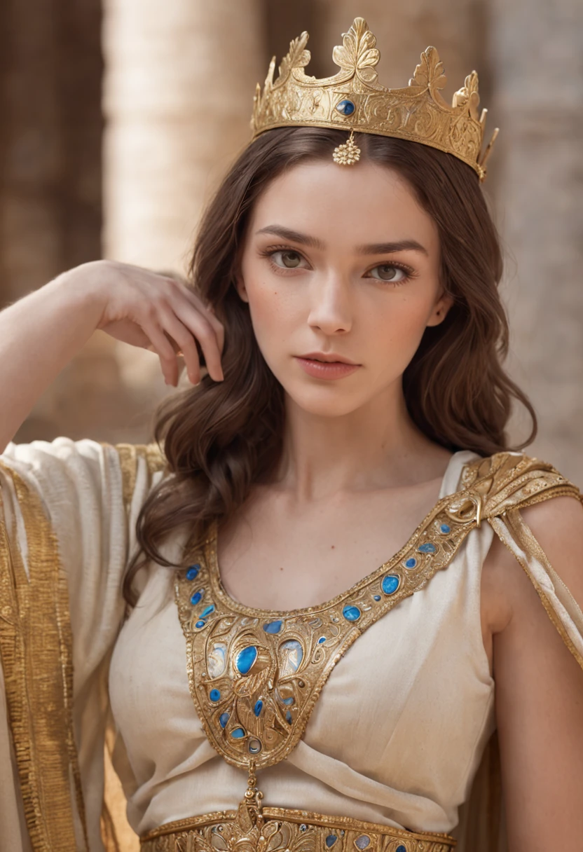 Queen goddess of olympians, with brown hair and brown eyes, is glossy-skinned, looks gorgeous and dignified, has high self-esteem, wears long blue greek toga with jeweled belt, puts on an golden crown, is sitting on golden throne, is commanding servants, Ancient greek palace, Peacocks, Greek mythology, splendid atmosphere, photorealistic, super high quality, super detail, ultra-accurate description of hands, masterpiece, 8K, HDR