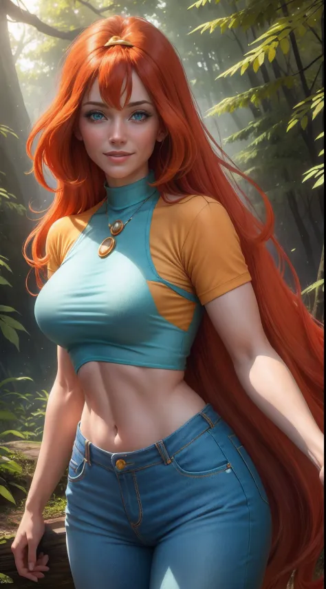 masterpiece, best quality, ultra-detailed, Bloom, milf, mature face, tall, thick, orange hair, blue eyes, bangs, long hair, Casu...