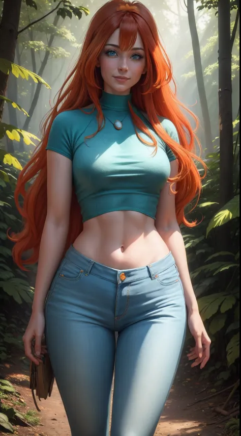 masterpiece, best quality, ultra-detailed, Bloom, milf, mature face, tall, thick, orange hair, blue eyes, bangs, long hair, Casu...