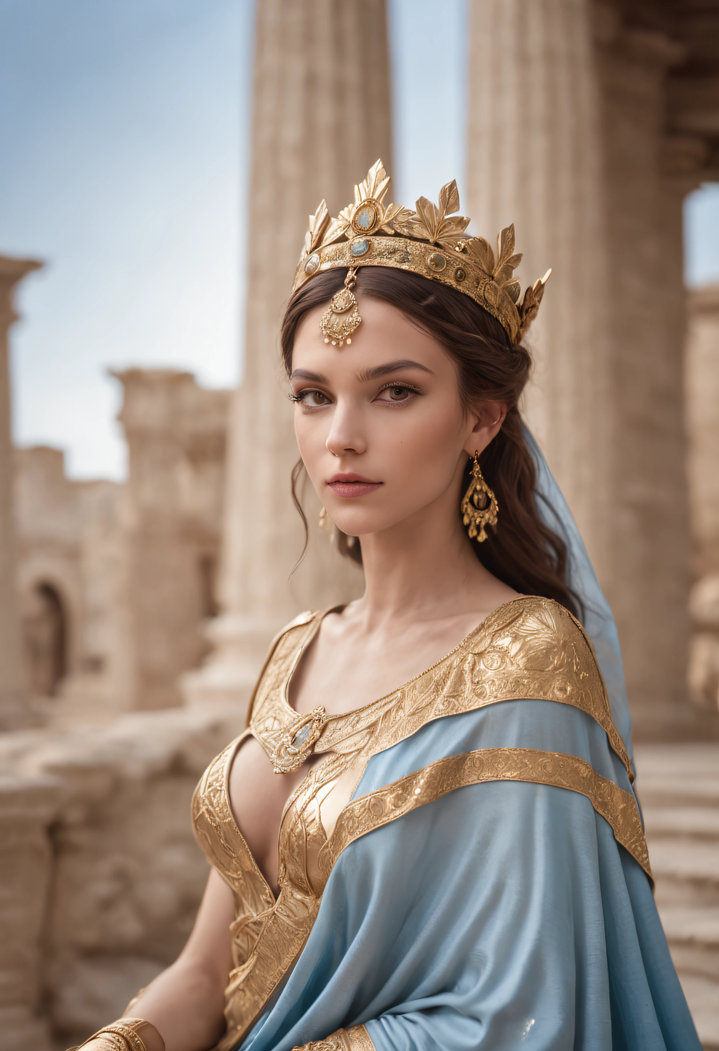 Queen goddess of olympians, with brown hair and brown eyes, is glossy-skinned, looks gorgeous and dignified, has high self-esteem, wears long blue greek toga with jeweled belt, puts on an golden crown, is sitting on golden throne, is commanding servants, Ancient greek palace, Peacocks, Greek mythology, splendid atmosphere, photorealistic, super high quality, super detail, ultra-accurate description of hands, masterpiece, 8K, HDR