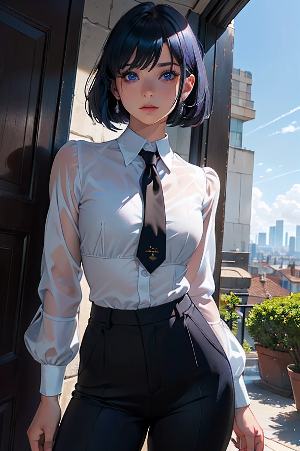 Masterpiece, The best quality, ultra detailed, illustration, epic lighting, film-like composition, Isometric, 1girl, only, beautiful, Blue eyes, black hair, short hair, Single side lock, white collar shirt, black tie, Black pants, Formal, charming look, Captivating pose, inside, office, Thrudr, Opening by, looking at the viewer, peeking out of the upper part of the body, blush, intense look, angry face, Closed mouth,(8k:1.1),