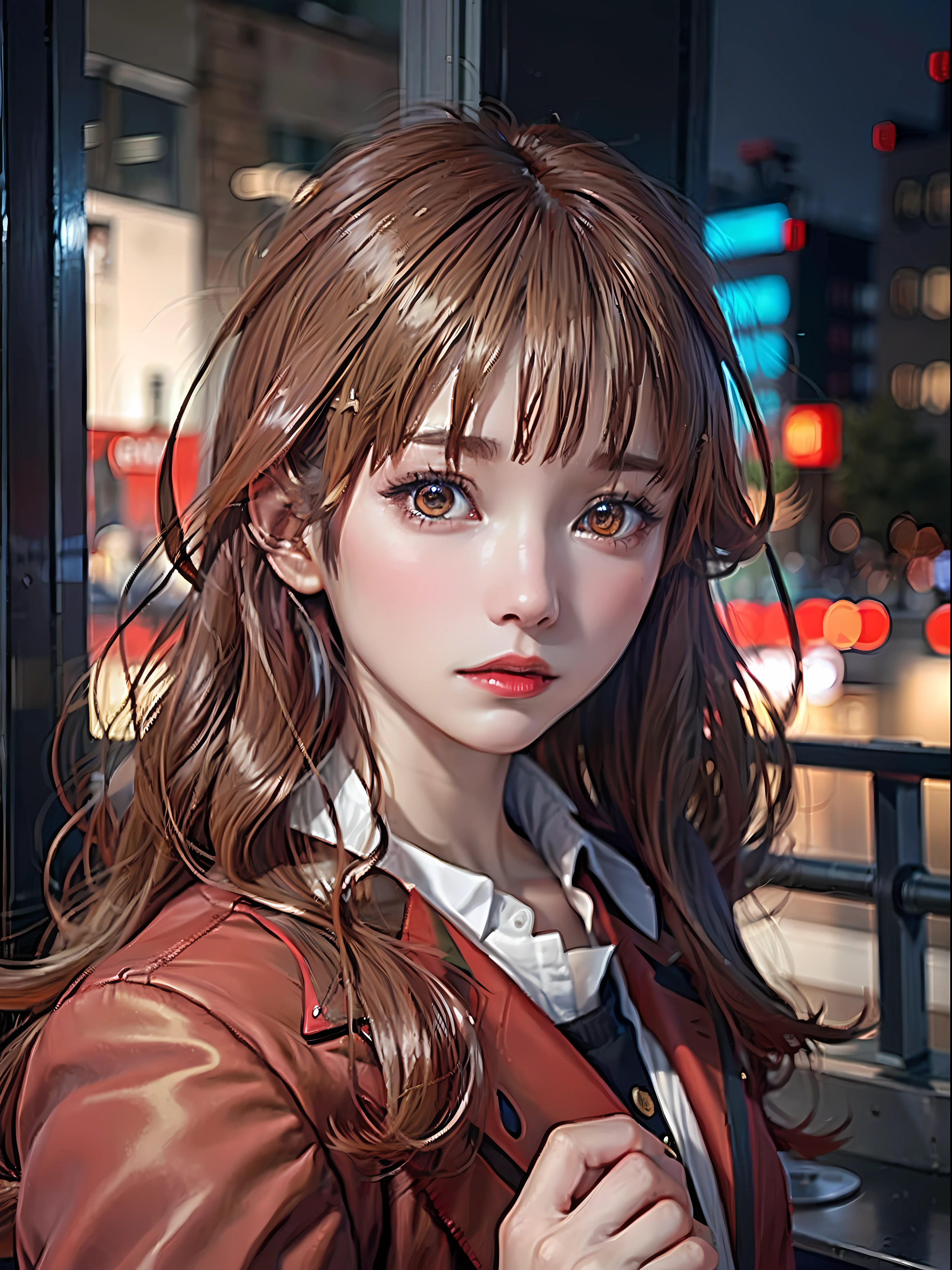 1girl, brown hair, golden eyes, red coat, city scape , wallpaper, high contrast , colorful,