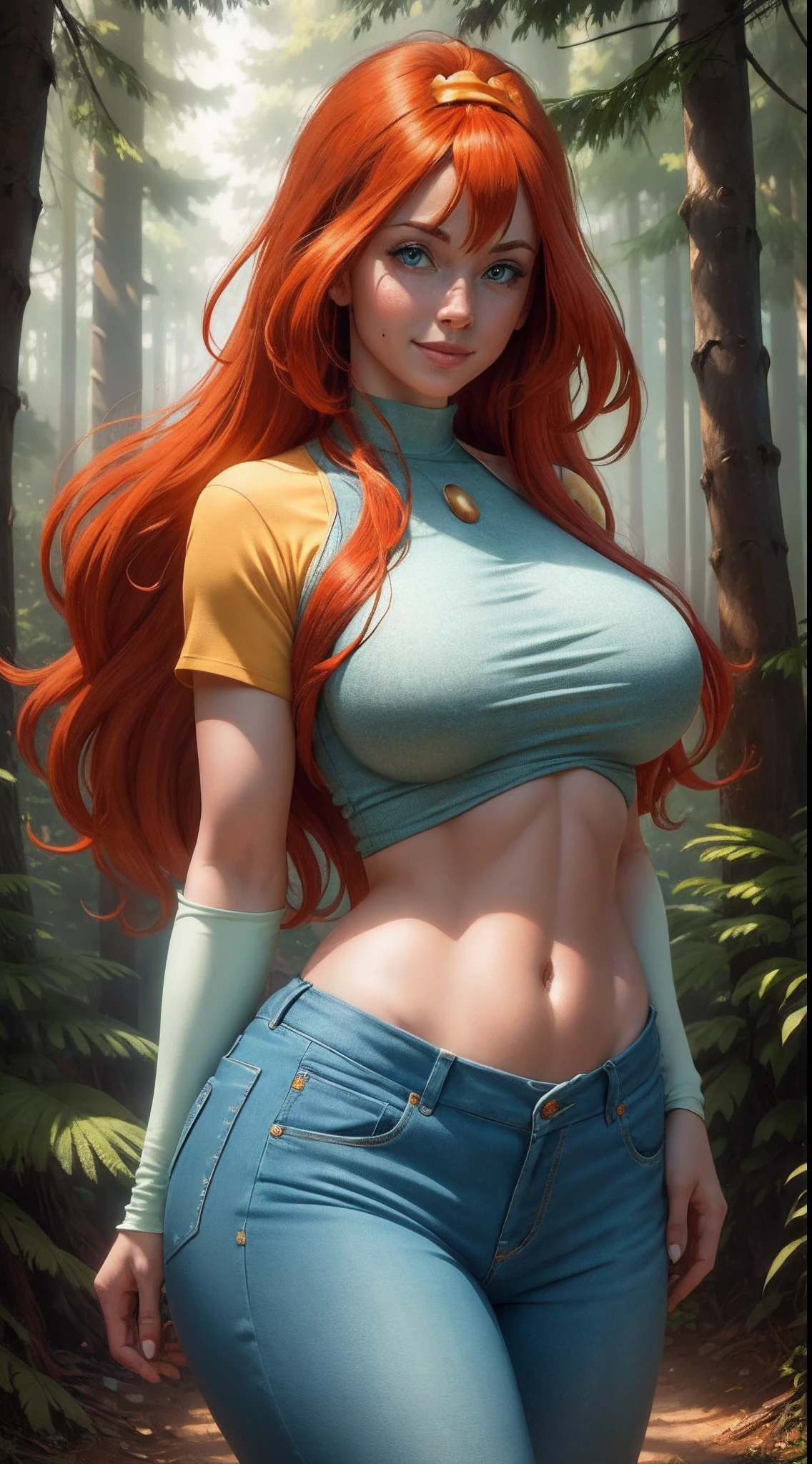 No bra, no clothes, no underwear, full view, big breasts, big ass, provocative pose, masterpiece, best quality, ultra-detailed, Bloom, milf, mature face, tall, thick, orange hair, blue eyes, bangs, long hair, Casual Outfit, croptop, blue tshirt, yellow short sleeves, skinny jeans, pants, standing, smile, in the forest, cowboy shot, realistic, volumetric lighting, intricate details, tonemapping, sharp focus, hyper detailed,