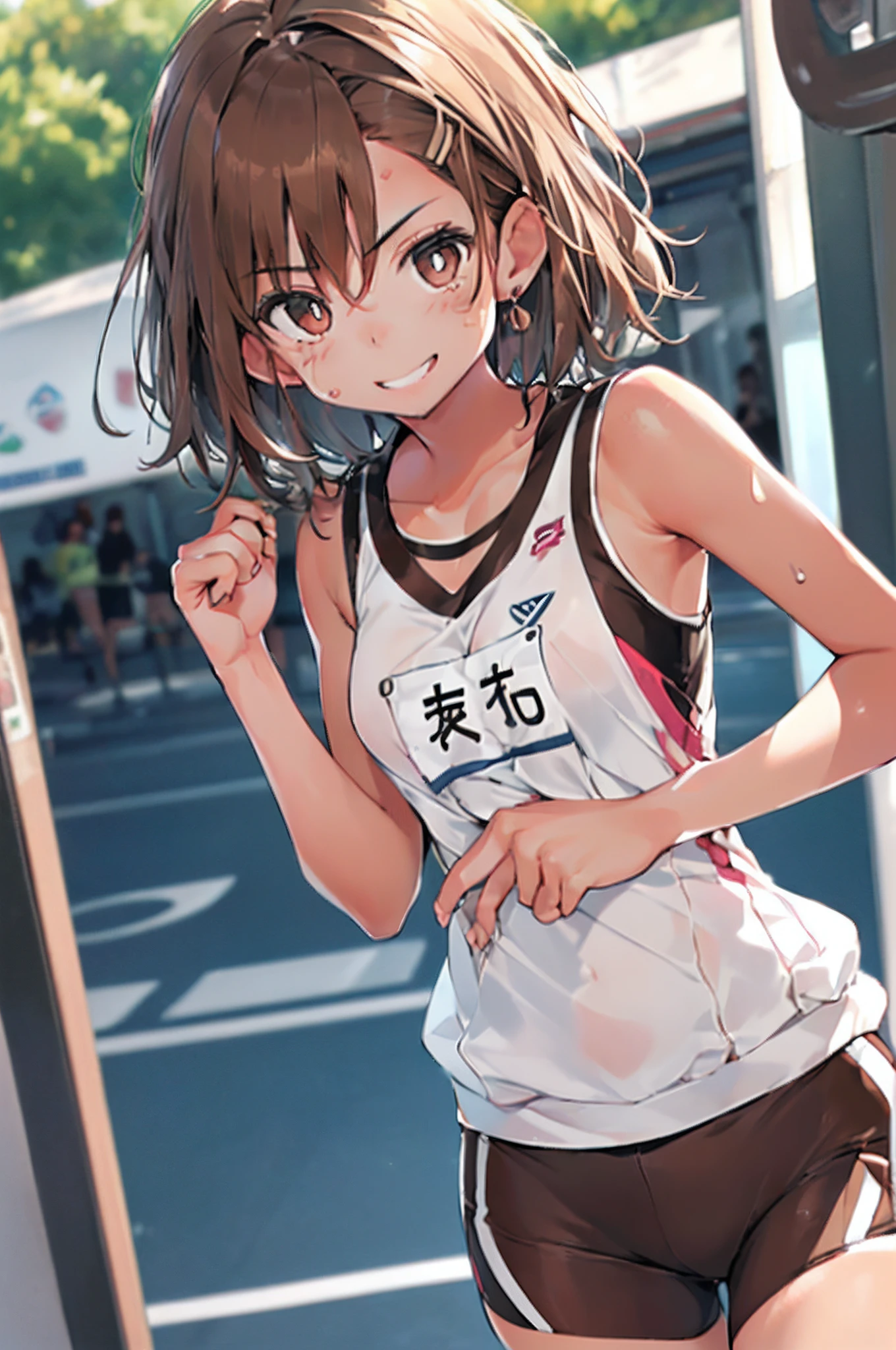 top-quality　Misaka Mikoto　Junior High School Bra　Beige shorts　　　　Cool look　　small tits　　１６age　　in the room　sexypose　Miwaki　Armpit sweat　sodden　　Ecstasy face((masutepiece)), (1 girl:2.0), (extra detailed face, Smiling), Short haircut, Brown hair, Petite, (Thin Build), (a japanese girl), ((Athletics Club Member, Long-distance runner)), Slightly round face, (Tanned brown face:1.6), Cute, Big eyes