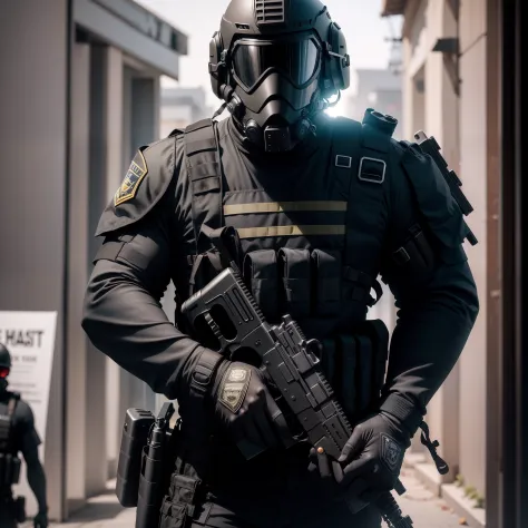 Dark theme，Fully armed male SWAT officers，Male SWAT officer in helmet，Masked male SWAT，Strong body