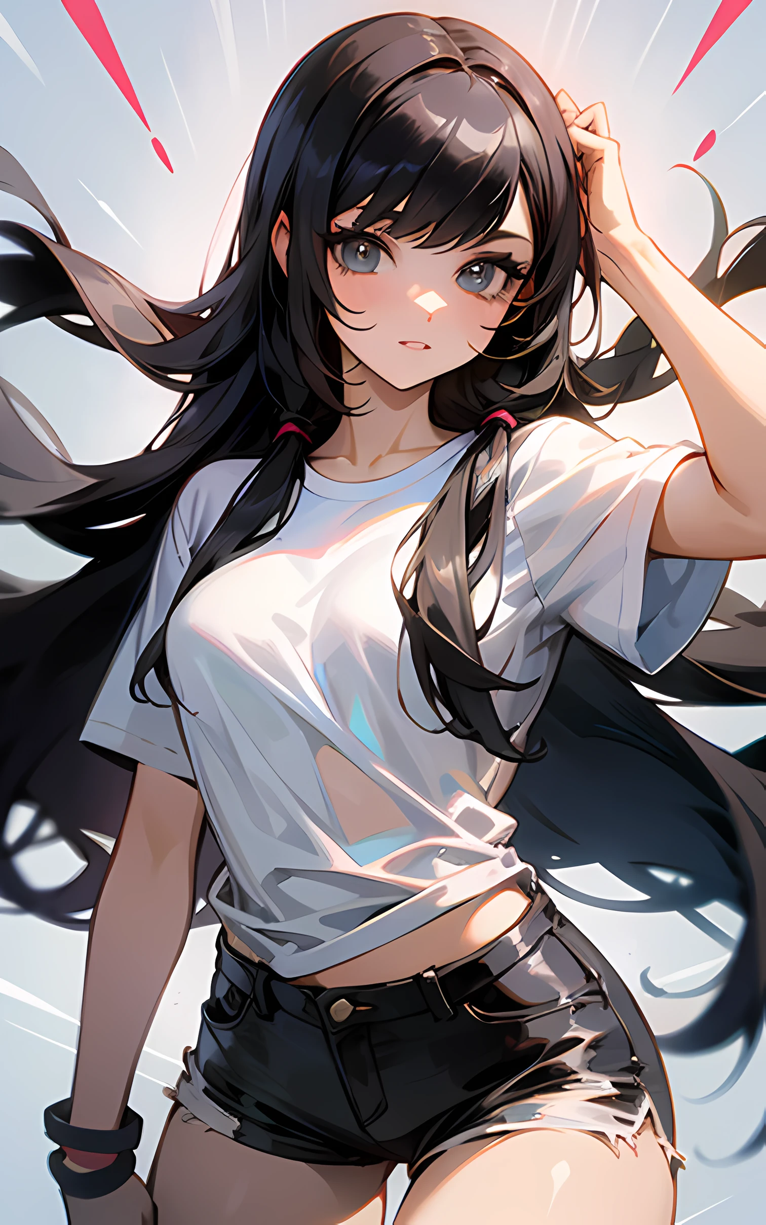 Anime girl with long black hair and white shirt posing - SeaArt AI