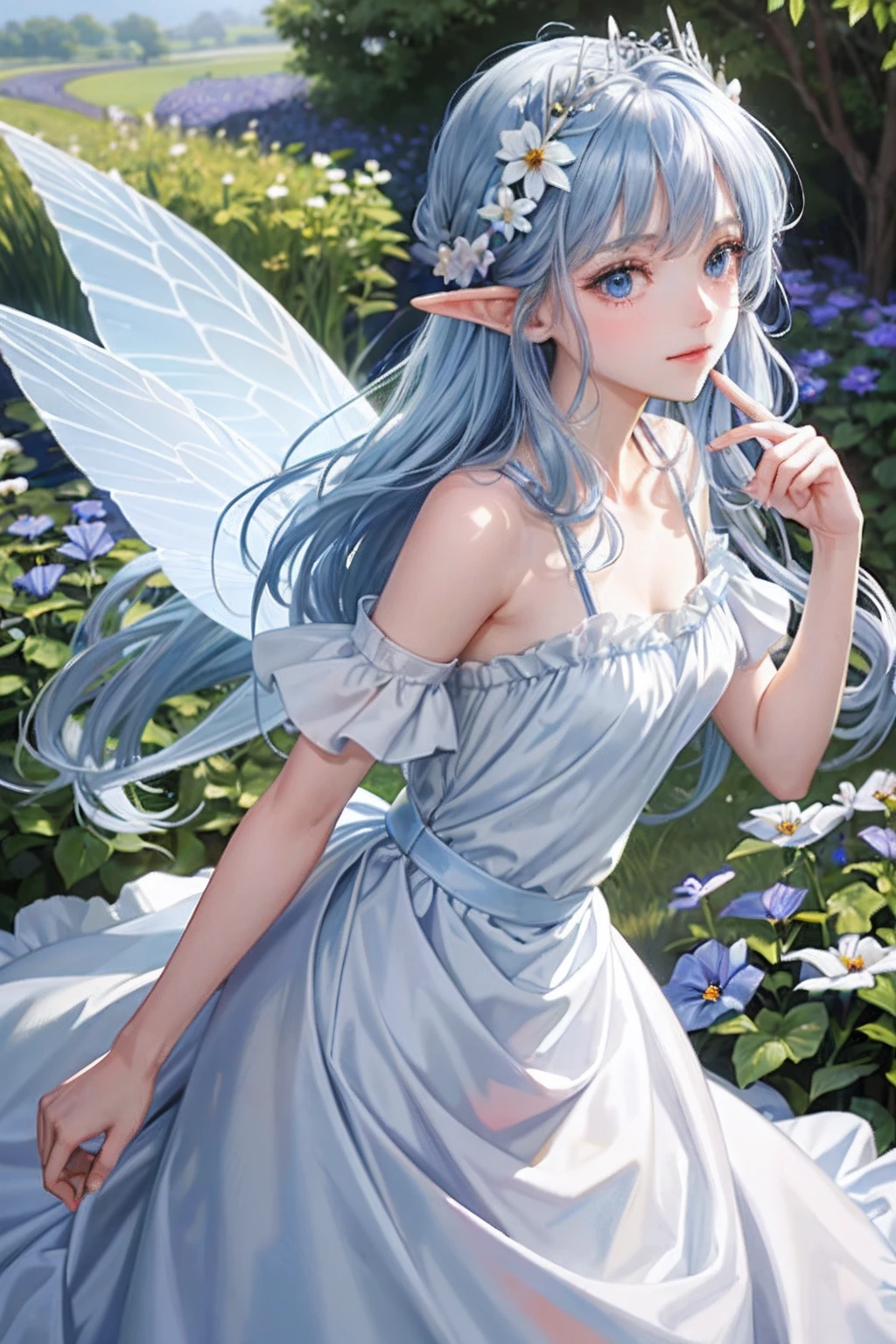 (Face focus)、(1womanl、solo、Crystal clear white skin、Beautiful fece)、(blue hairs、Gray hair at the ends of the hair、Blue eyes、Elegant smile)、Morning glory fairy、Blue ruffled skirt and dress、Fairy wings、Morning glory blooms、elvish ears、morning glory、Garden in the early morning sun、A golden crown on the head、Morning glory hair accessories、The back has fairy wings、porate、All the same girls