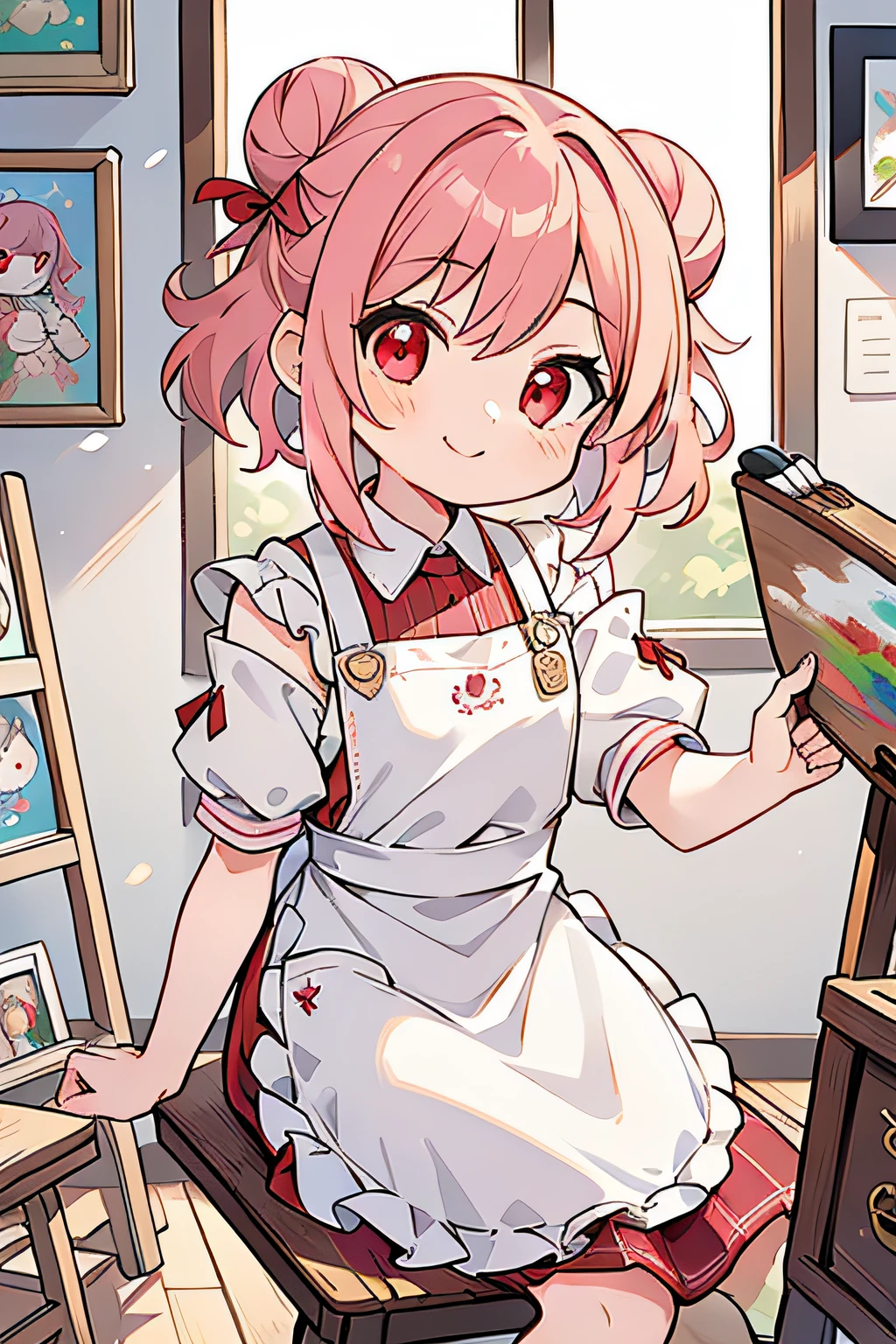 masterpiece, best quality, 1girl, short hair, shoulder-length hair, pink hair, curly hair, two buns, (red eyes), smiling, wearing an art apron, skirt, in the art room, many canvas, holding a brush, focusing on the game, sitting on the chair, with paint on one's face