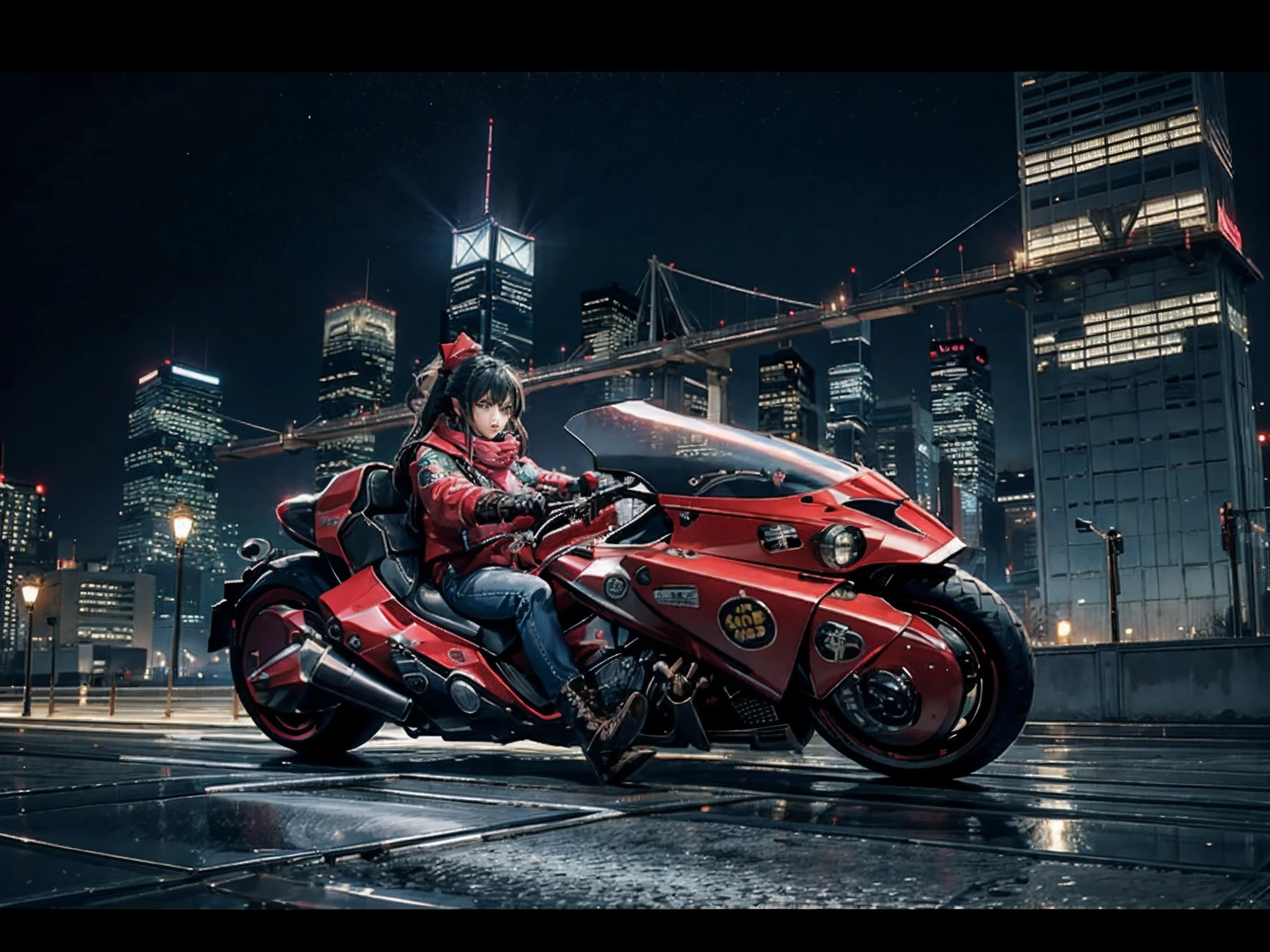 offcial art， Unity 8k Wallpaper， ultra - detailed， Beautiful and beautiful， tmasterpiece， best qualtiy， realisticlying， banya， Blushlush， long whitr hair， whaite hair， Striped hair， red eyes， Hair Bow， Moles under the eyes， Red Akirabike， riding motorcycles， natta， cyberpunk city landscape， Epic screen， Uniforms，