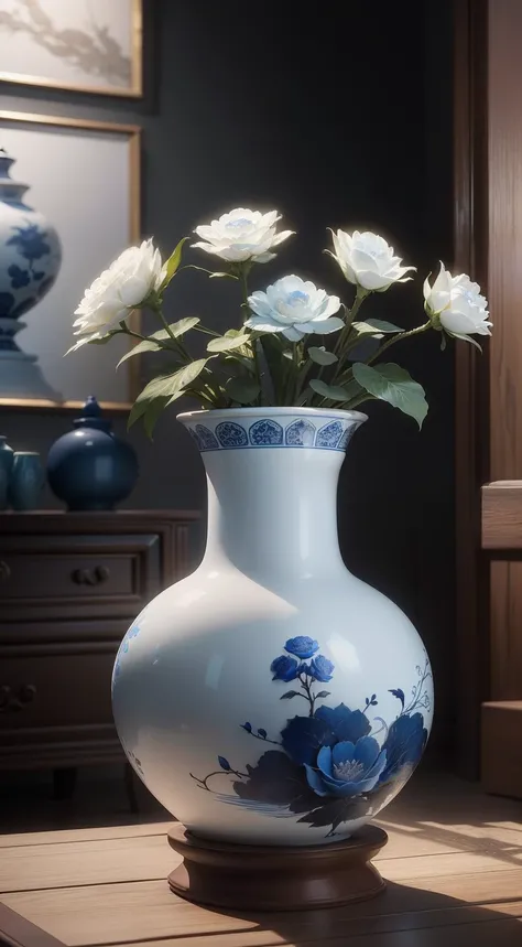 Ancient Chinese blue and white porcelain vase，Close-up of details，,Well ...