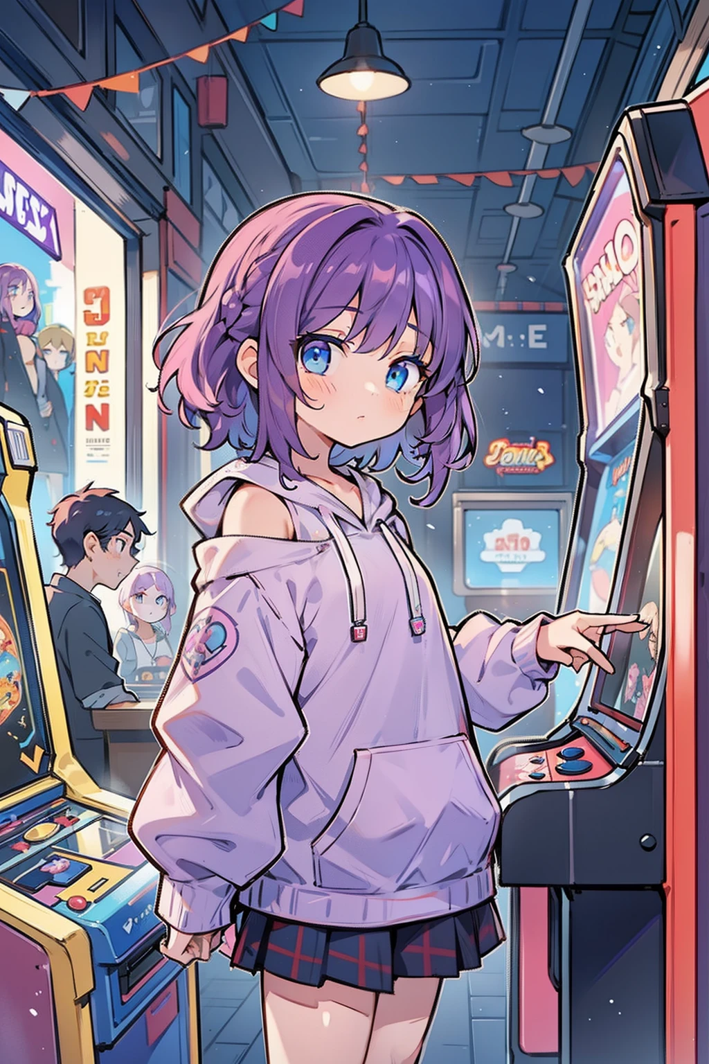 masterpiece, best quality, 1girl, short hair, shoulder-length hair, purple hair, curly hair, side braid, (blue eyes), expressionless, wearing big hoodie, skirt, in the arcade, holding a game controller, noisy, ((many arcade games))