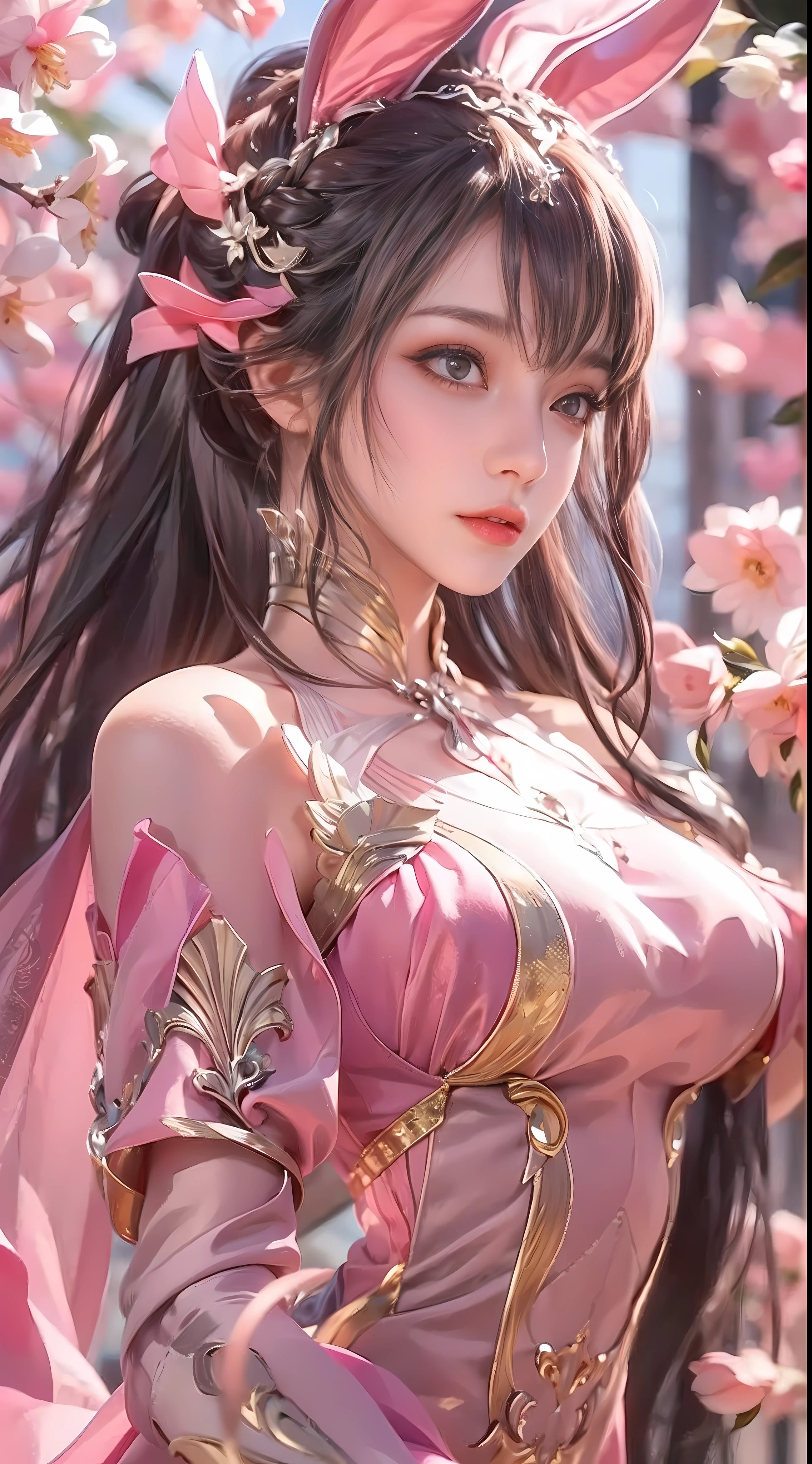 (1girl:1.3), Solo, __body-parts__, Official Art, Unity 8k Wallpaper, Ultra Detailed, Beautiful and Aesthetic, Masterpiece, Best Quality, RAW, Super Fine Photo, Best Quality, Ultra High Resolution, Photorealistic Photorealism, Sunlight, Full Body Portrait, Amazing Beauty, Delicate Face, Vibrant Eyes, (From the Front), Detailed Face, Gorgeous, Highly Detailed Skin, Realistic Skin Details, Visible Pores, Sharp Focus, Volume Fog, 8K uhd, DSLR, high quality, film grain, fair skin, photo realism, brunette hair, brunette hair, breasts, open eyes, split sleeves, skinny, transparent, pink, dress, transparent panties, pink, twisted braid, long braid, jewelry, gold accessories, gorgeous accessories, complex, delicate lips, long hair, medium breasts, outdoor, closed lips, petals, peach blossoms, rabbit ears, pink rabbit ears, standing, dynamic pose, upper body