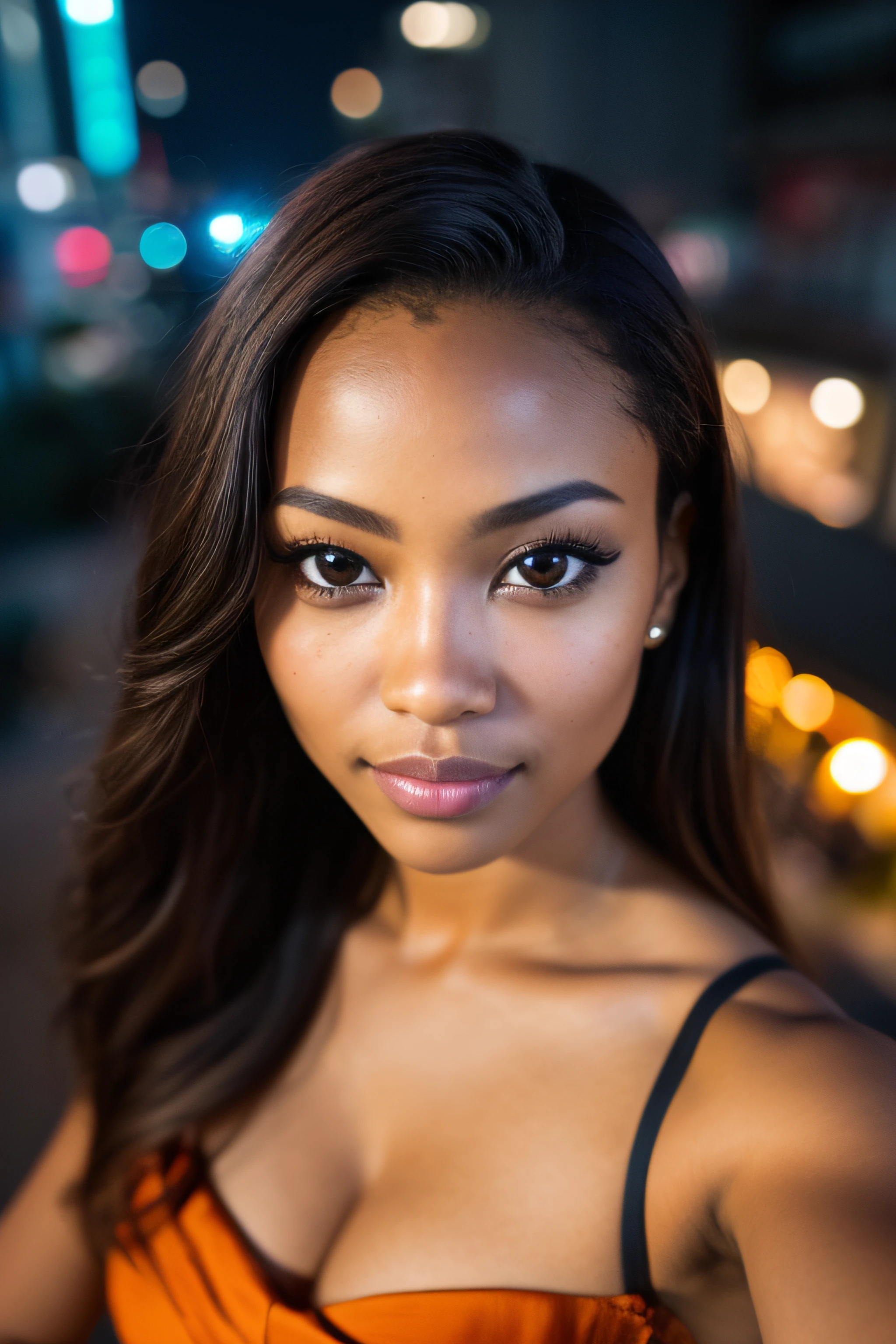 (selfie shot, from above:1.4), (half body postrait:1.4), RAW uhd portrait photo of a 28-year-old african (brown-eyed african woman) walking down a dark alleyway, natural breasts_b, nighttime city background, (navy sundress), (cleavage), detailed (textures!, hair!, shine, color!!, imperfections:1.1), highly detailed glossy eyes, (looking at the camera), specular lighting, dslr, ultra quality, sharp focus, tack sharp, dof, film grain, (centered), Fujifilm XT3, crystal clear, center of frame, cute face, sharp focus, street lamp, neon lights, bokeh, (dimly lit), low key, at night, (night sky) detailed skin pores, oiled skin, tan, intricate eye detail