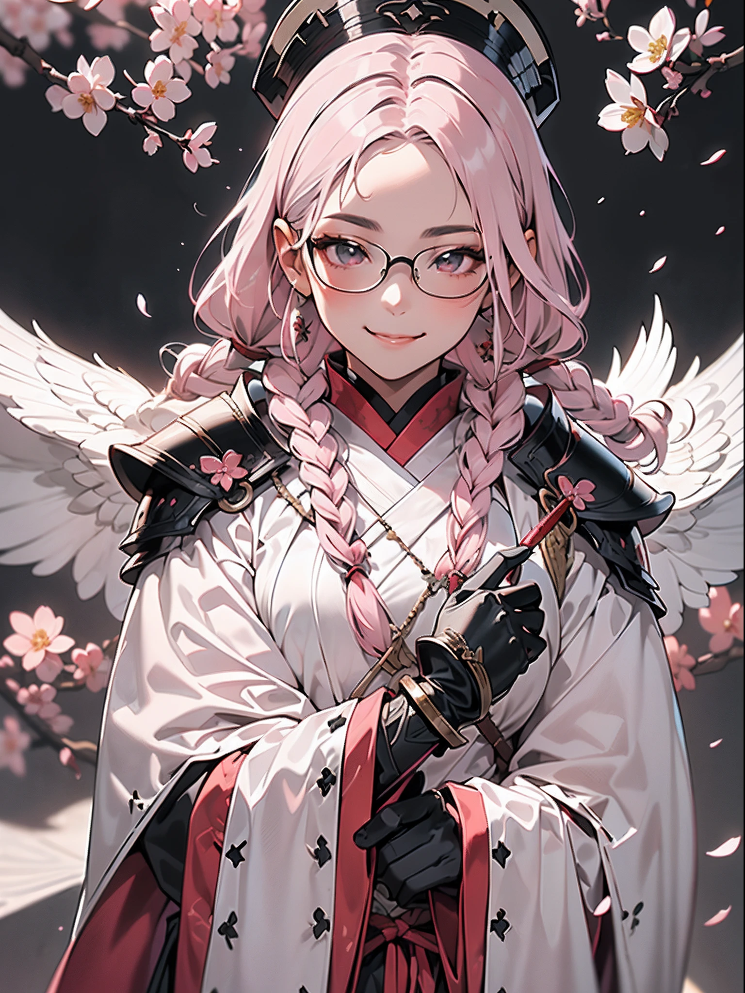Fantasy,1girl in,beautiful a girl,((Long hair in pink braids)),Beautiful detailed lovely big eyes,((onmyouji)),((suikan)),armor,(Large white cloak with red decoration),(((Black Gauntlet))),(((Black Gloves))),eye glasses,((smile)),(Cherry Blossom Crest)