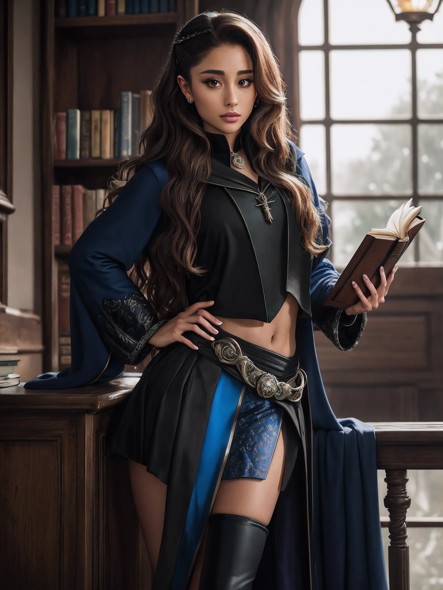 Ariana Grande, wavy hair, detailed alluring eyes, sexy legs, wearing blue mantle, mini skirt, gaiters, holding books, seductive, shapely, Hogwarts, best quality masterpiece, photorealistic, detailed, 8k, HDR, shallow depth of field, broad light, high contrast, backlighting, bloom, light sparkles, chromatic aberration, sharp focus, RAW color photo