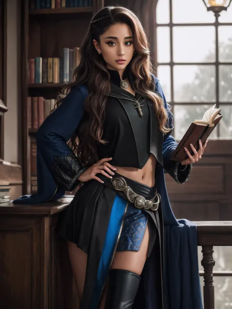 Ariana Grande, wavy hair, detailed alluring eyes, sexy legs, wearing blue mantle, mini skirt, gaiters, holding books, seductive, shapely, Hogwarts, best quality masterpiece, photorealistic, detailed, 8k, HDR, shallow depth of field, broad light, high contr...