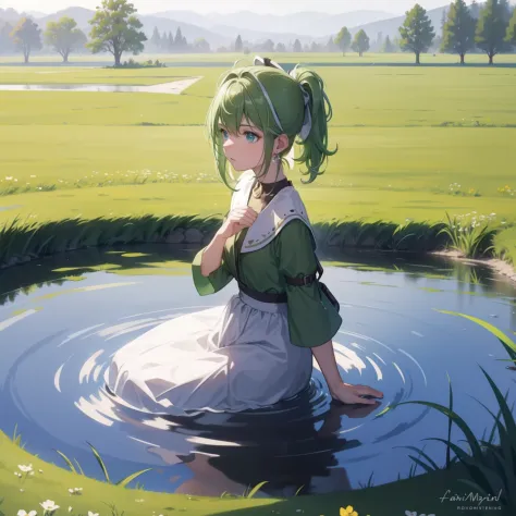 green field, white background, sitting in the middle, inside in the circle in the middle, water reflection,