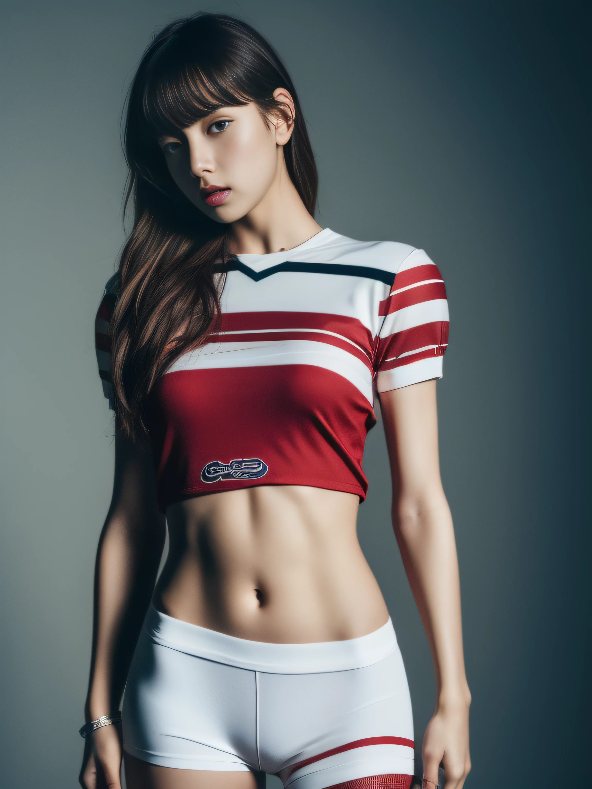 Masterpiece, superlative, realistic, Lisa wearing trendy football uniform, bare waist, HD, photography lighting, 16k