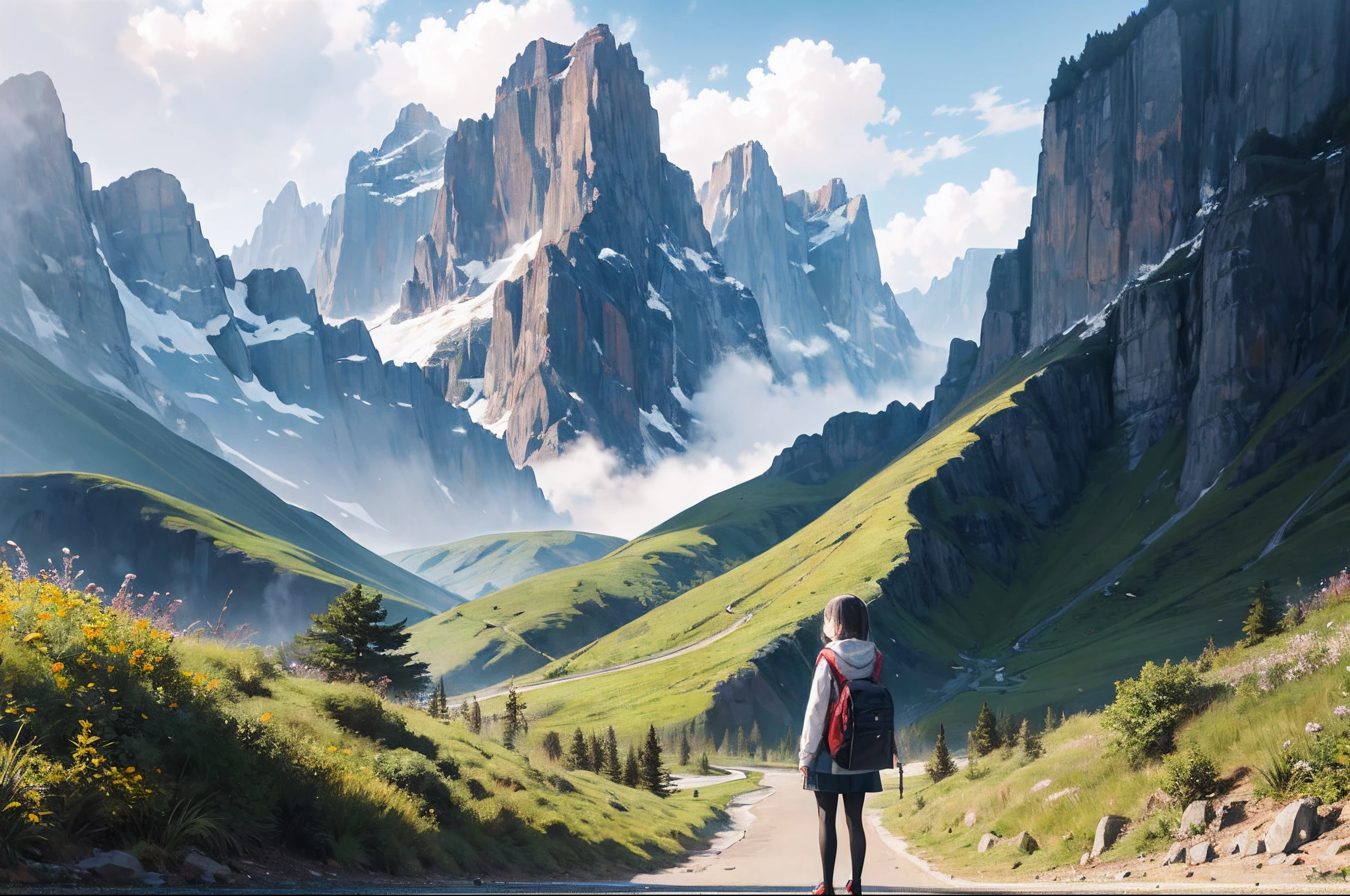 Uma garota está na frente de uma montanha