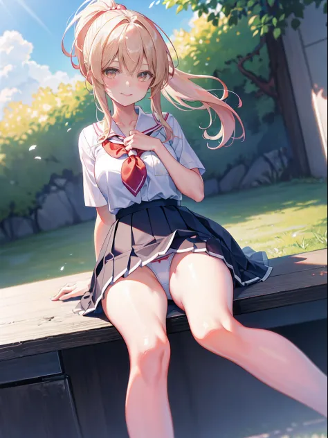 ​masterpiece, top-quality, Official art, (Highly detailed CG Unity 8K wallpapers), 细致背景, (Guido Daniel's Hand: 1.1), foot out of frame, One-person viewpoint, 1, Attractive and perfect beautiful woman, hi-school girl、nffsw、Schoolgirl Uniform、springtime、cher...
