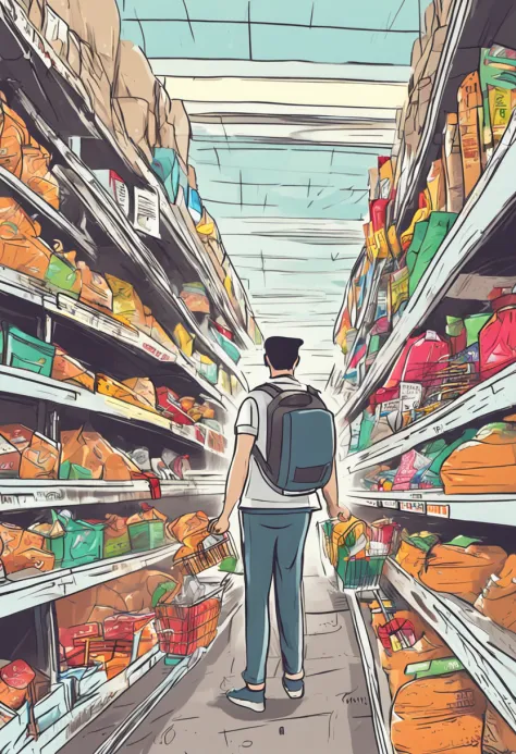 The supermarket is crowded，The items on the shelves were swept away。A man in a white T-shirt holds a shopping basket，Run from shelf to shelf，Try to find more items。His eyes were firm，The face was full of anxiety and determination。People around are frantica...