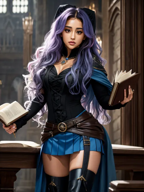 Ariana Grande, wavy hair, detailed alluring eyes, sexy legs, wearing blue mantle, mini skirt, gaiters, holding books, seductive,...