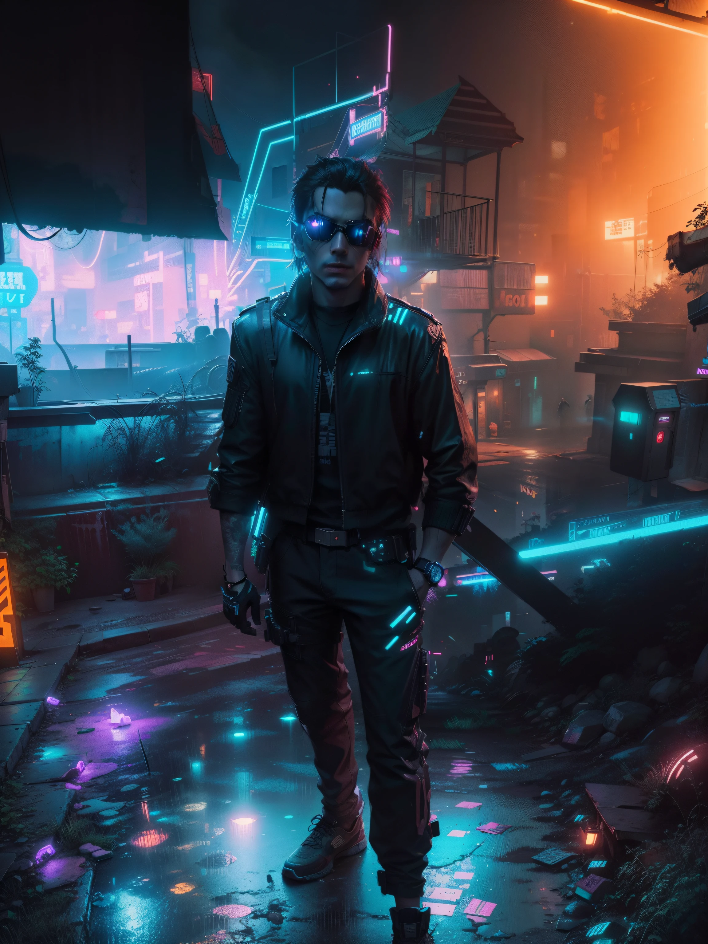 Eine neonbeleuchtete Gasse in einer Cyberpunk-Stadt, mit einer einsamen Gestalt, die hindurchgeht, 8k, HDR