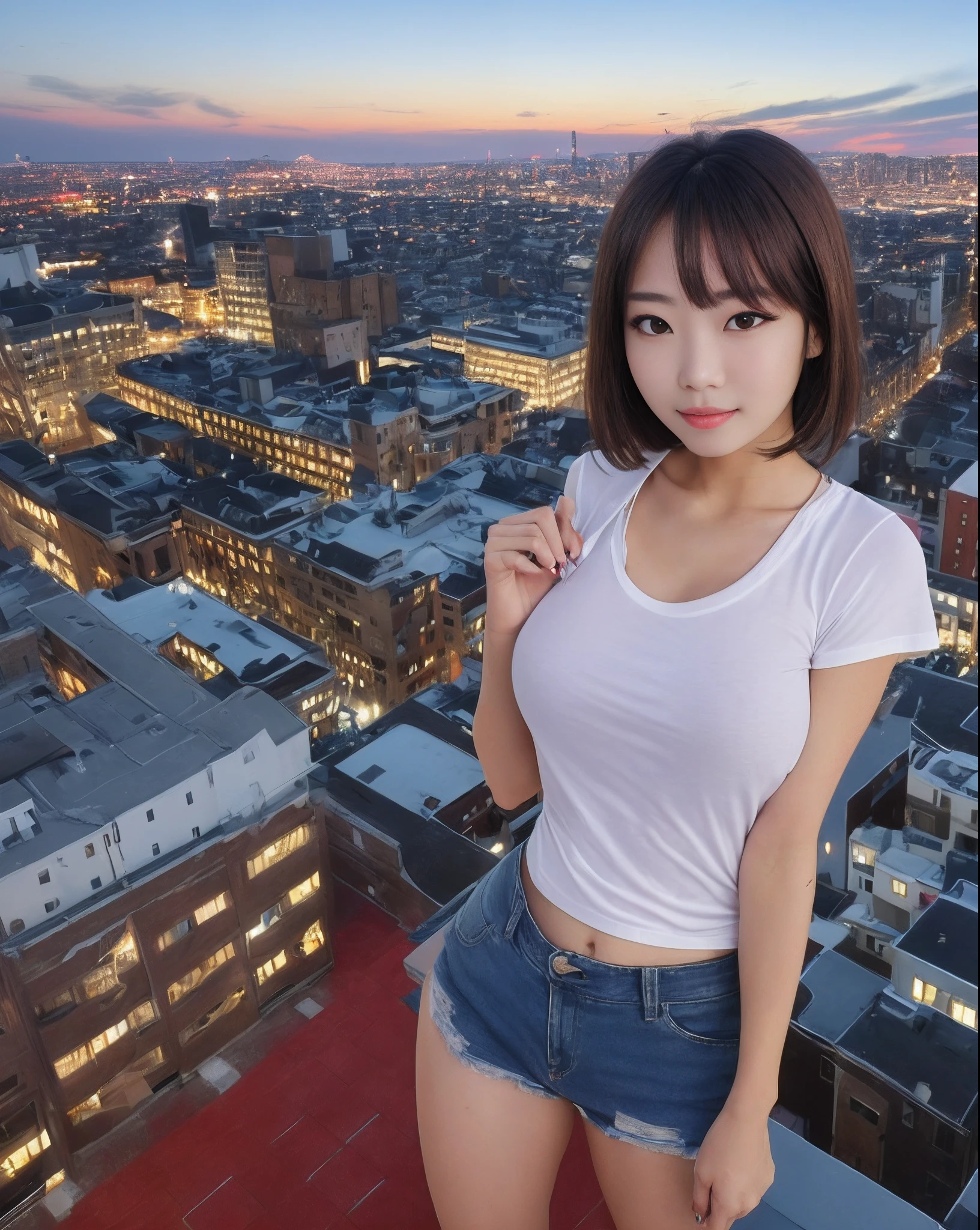 ((Midnight, Best quality, 8k, Masterpiece :1.3)), Whole body, Long legs, Sharp focus :1.2, A pretty woman with perfect figure :1.4, Slender abs :1.1, ((Dark brown hair, Big breasts :1.2)), (White tight tshirt, Jean bib, Standing:1.2), ((Night city view, Rooftop:1.3)), Highly detailed face and skin texture, Detailed eyes, Double eyelid