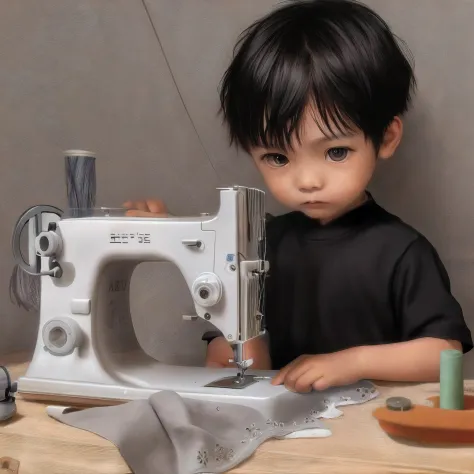 A little boy sits in front of a sewing machine and sewing，Black color hair.White background，Round face