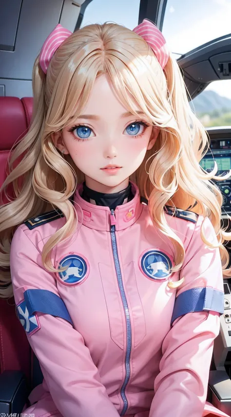 best quality, beautiful woman, wavy blonde hair, blue eyes, barbiecore, intricate pink pilot uniform, airplane cockpit interior, wavy hair, beautiful face, perfect face, big gorgeous eyes, soft smile, parted lips, perfect slim fit body, bright colors, soft...