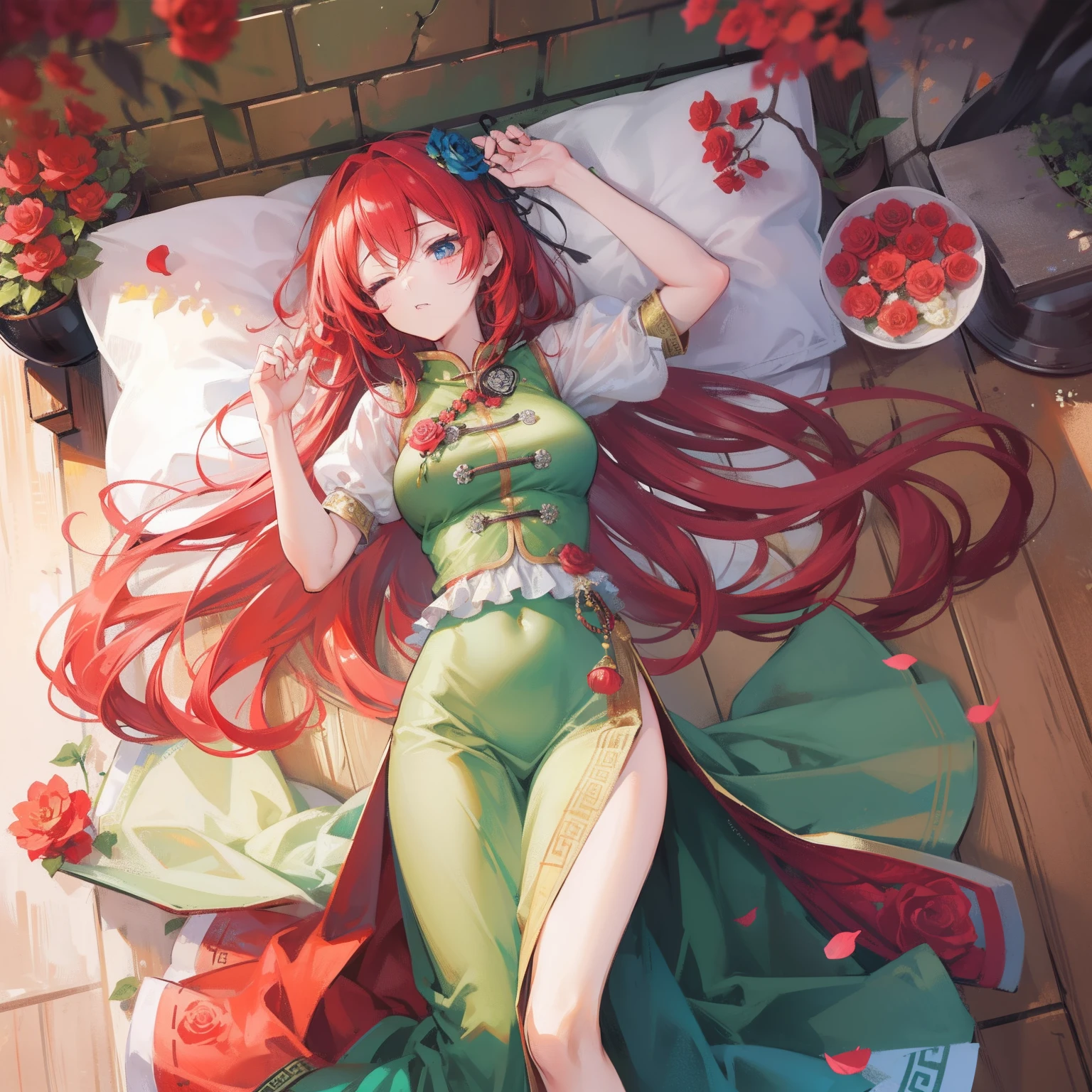 masutepiece, Fine detail, 4K, 8K, 12K, Solo, One Person, Beautiful Girl, caucasian female, Hong Meilin of the Eastern Project, Red hair, Long hair, chinese clothes, Sleeping, Eyes closed, Standing,Green costume、Green china clothes、Green cheongsam、 Green Ceramic Dress、Simon, Western-style room , Rose flower, Red Rose, Fluttering petals