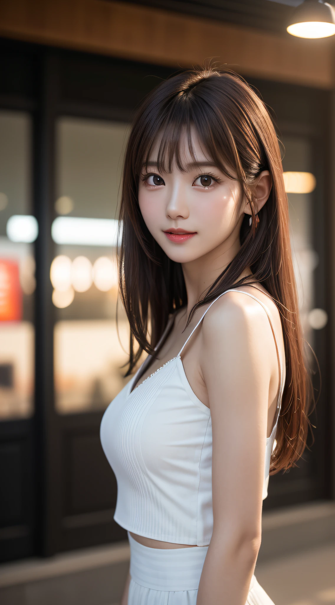 White see-through blouse,Face Interview, (Photo Real:1.4), (hyper realisitic:1.4), (realisitic:1.3), (Smooth lighting:1.05), (Improve video lighting quality:0.9), 1womanl, a 20 yo woman, Realistic lighting, Back lighting, Night city, raytrace, (cheerfulness:1.2), (Improved image quality:1.4), (Finest Real Textured Skins), finely eye, a small face, Red cheeks, skinny body, medium-breasted pointed jaws,,,,, Korean Idol, Nogizaka Idol, glowy skin, hposing Gravure Idol, P, Blunt bangs, light brown hair, hair behind ear, hair over shoulder, Long hair,Tear bag，Summer plateau、