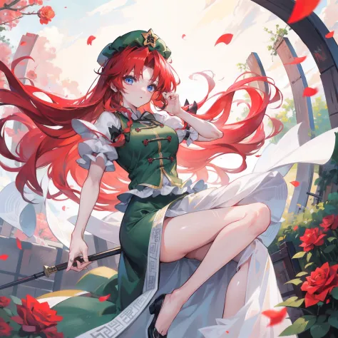 masterpiece, fine detail, 4k, 8k, 12k, solo, pretty girl, caucasian female, hong meiling from touhou project, red hair, long hai...