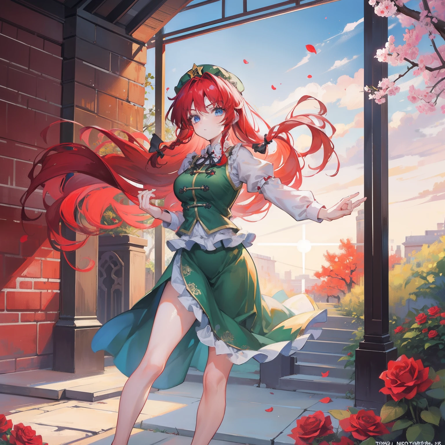 Masterpiece, Fine Detail, 4k, 8k, 12k, Solo, Pretty Girl, Caucasian Female, Hong Meiling from Touhou Project, Red Hair, Long Hair, Cheongsam, Tai Chi, Doing Tai Chi, Western Gate, Western, Rose flowers, red roses, falling petals