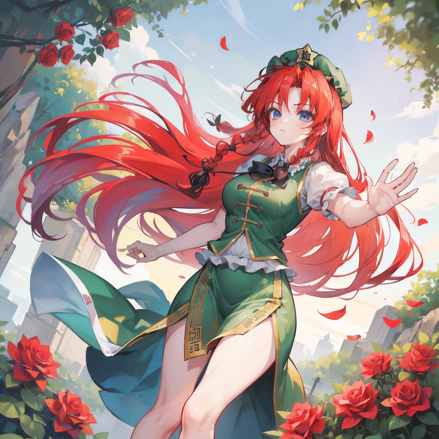 Masterpiece, Fine Detail, 4k, 8k, 12k, Solo, Pretty Girl, Caucasian Female, Hong Meiling from Touhou Project, Red Hair, Long Hair, Cheongsam, Tai Chi, Doing Tai Chi, Western Gate, Western, Rose flowers, red roses, falling petals