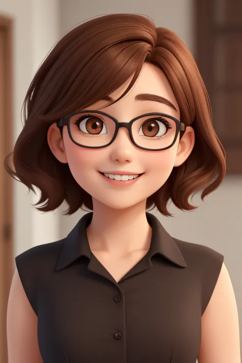 A woman of 20 years old, with short brown hair, round face, round face with lovely smile, and brown eyes, wearing glasses.