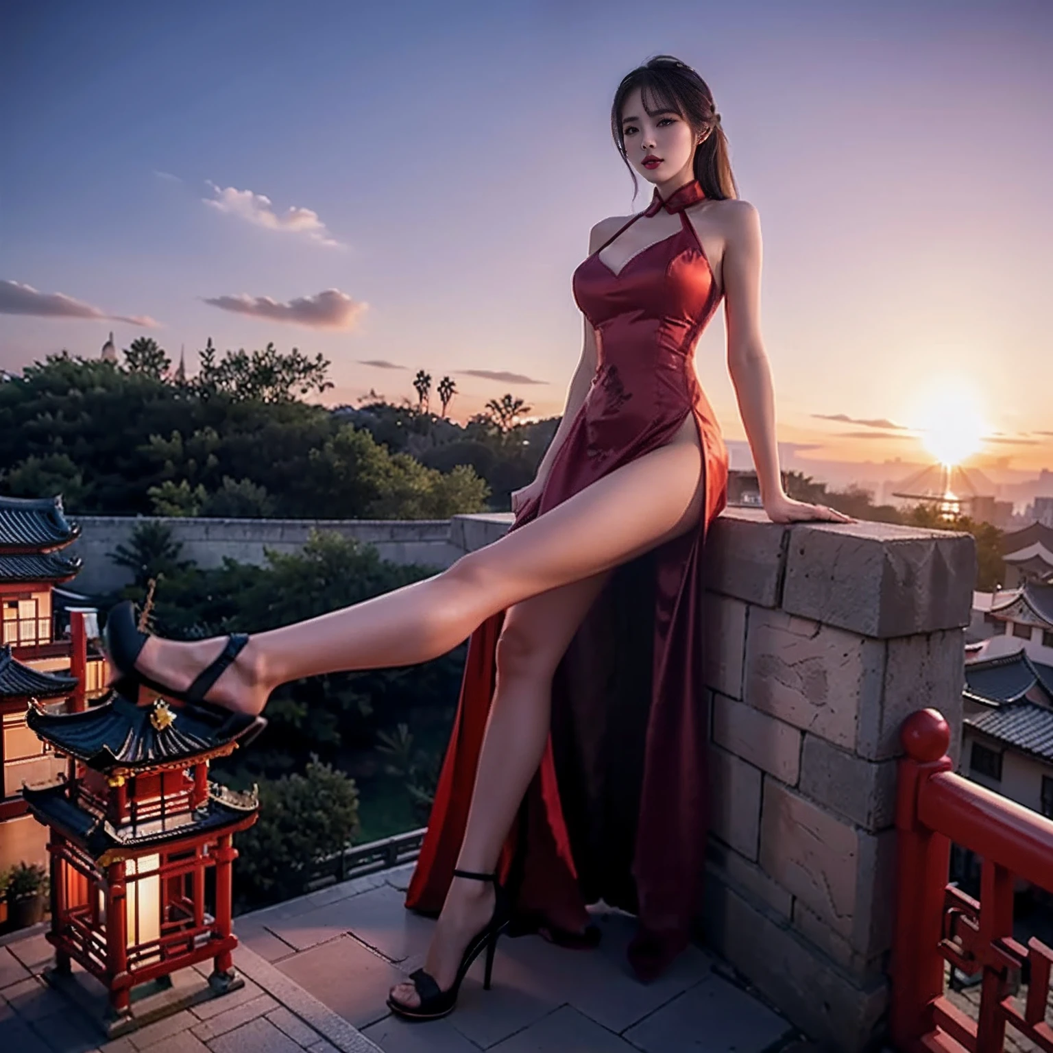 minigiantess，Full body photo，chinese castle，japanese beauty,red evening dress ,super star，stiletto，10 meters tall,Big breasts，(Long legs:1.2),Extremely tall girl，Beautiful looks，Delicatemakeup，Perfect lighting，Cinematic quality，8K,High quality,(GTS:1.5),Aerial view,buildingseat