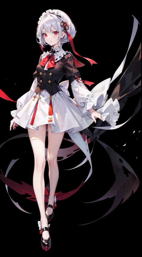 Kaguya-sama: Love Is War art style, female student council, twin hair ribbon on side of short hair, black japanice student uniform, golden ribbon in-front of chest, long stocking, white shoes, cool and cute aura, smirk face, prefect body shape, small breas...