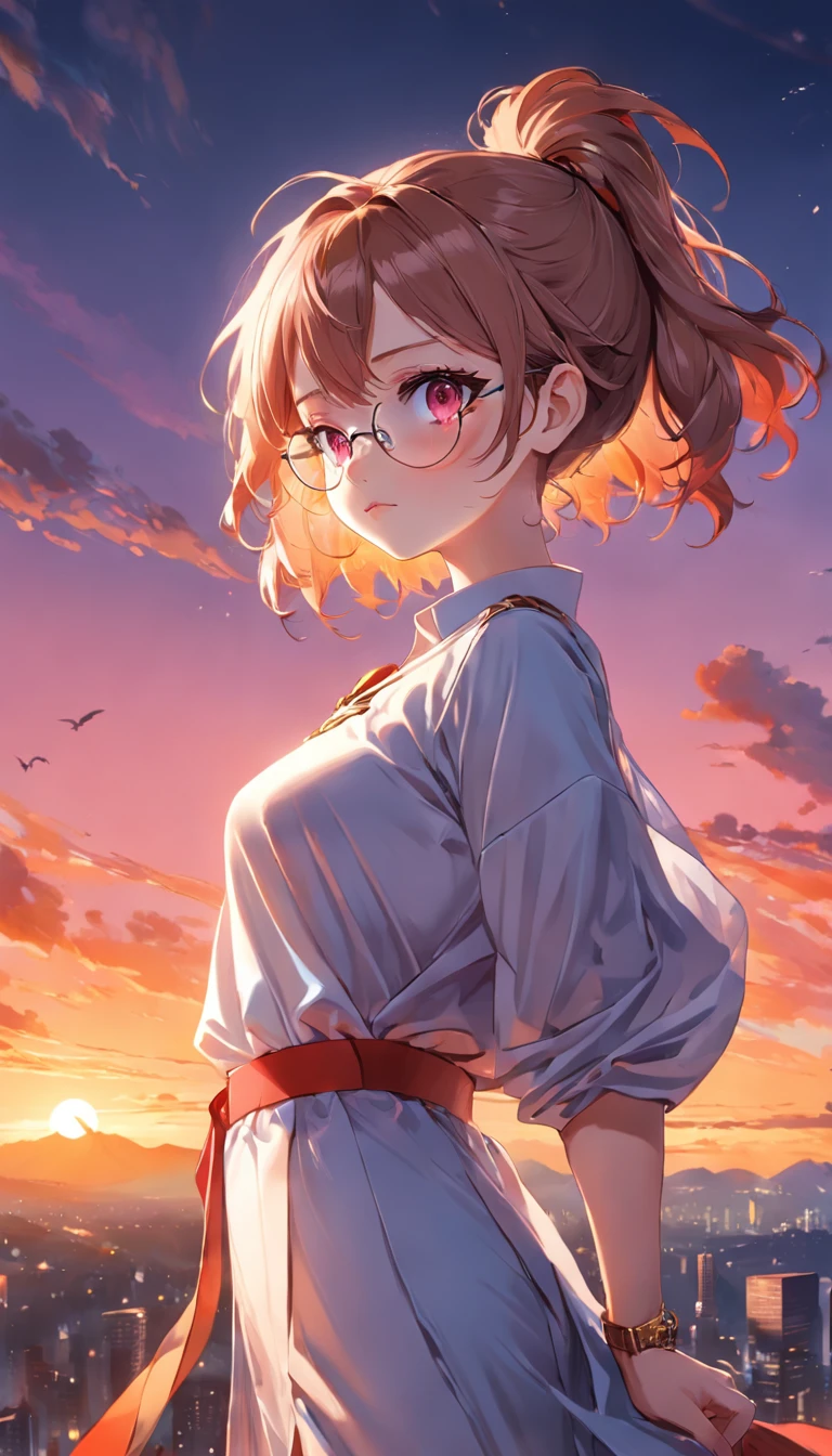 (Dynamic angle:1.4), ((Full body posing:1.5), (colorful:1.2), (extremely detailed CG unity 16k wallpaper:1.1), (Denoising strength: 1.45), (tmasterpiece:1.37), ((official art)), top quality, a drawing of a woman wearing glasses, anime girl, random hair style, beautiful detailed eyes, random uniform, sunset, random view, jewelry, solo, earrings, watch, glasses, gradient, wristwatch, a character portrait, sitting, leaves, long sleeves, red lips, realistic, (masterpiece), (masterpiece)