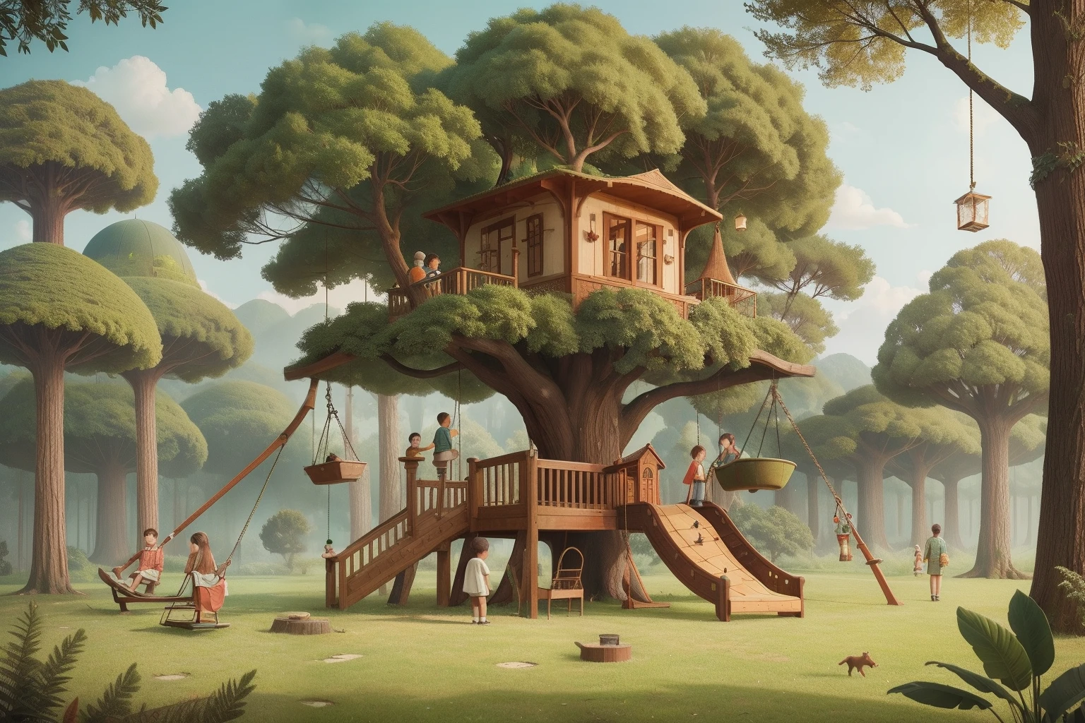 Amidst a surreal Wes Anderson forest, a colossal tree adorned with swing sets and intricate treehouses rises into the sky, while tiny people in the distance explore this arboreal wonderland.