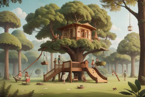 Amidst a surreal Wes Anderson forest, a colossal tree adorned with swing sets and intricate treehouses rises into the sky, while...