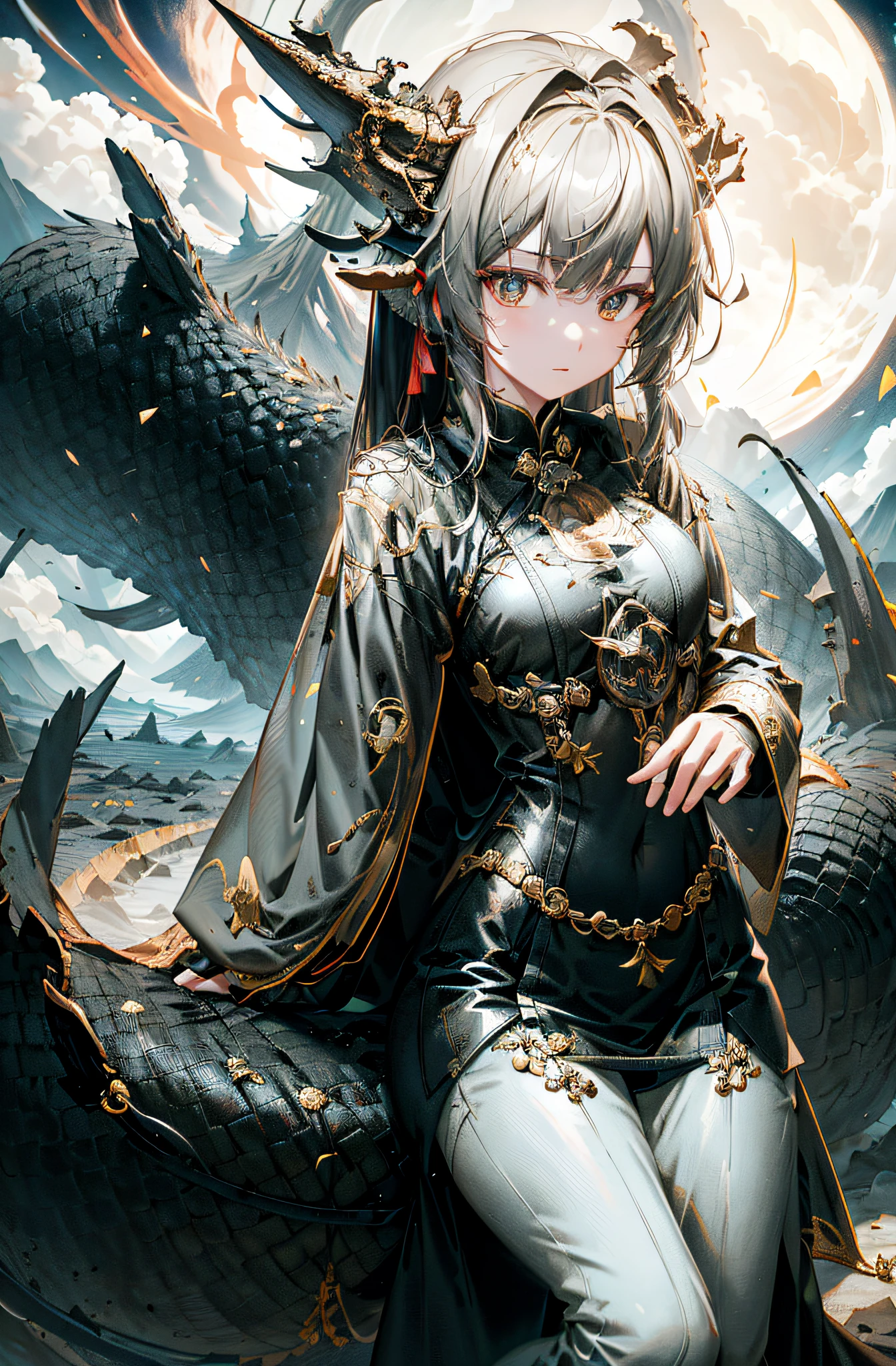 anime girl sitting on a dragon，The background is the full moon。, trending on artstation pixiv, with scaly-looking armor, by Yang J, Guweiz on ArtStation Pixiv, Guweiz in Pixiv ArtStation, Anime fantasy illustration, Detailed digital anime art, Fanart Meilleure ArtStation, drak, Keqing from Genshin Impact