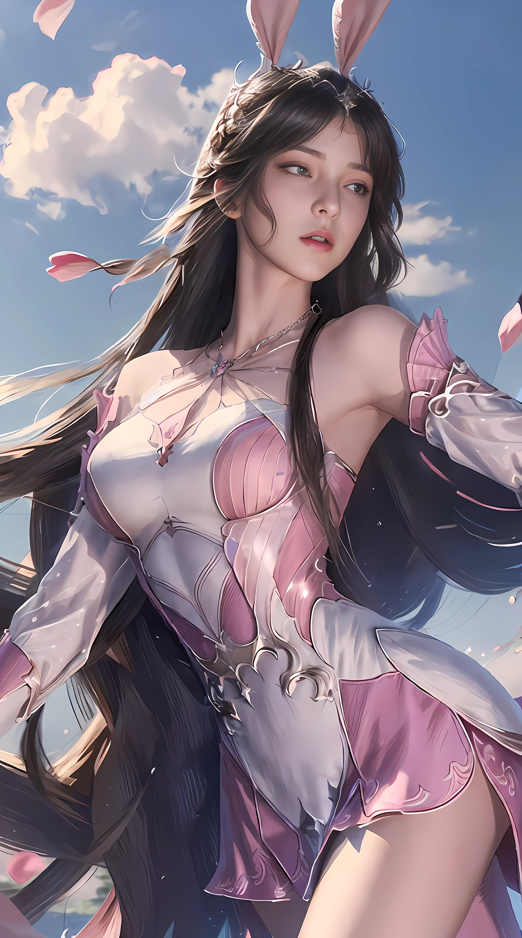 (1girl:1.3), Solo, __body-parts__, Official Art, Unity 8k Wallpaper, Ultra Detailed, Beautiful and Aesthetic, Masterpiece, Best Quality, RAW, Super Fine Photo, Best Quality, Ultra High Resolution, Photorealistic Photorealism, Sunlight, Full Body Portrait, Amazing Beauty, Delicate Face, Vibrant Eyes, (From the Front), Detailed Face, Gorgeous, Highly Detailed Skin, Realistic Skin Details, Visible Pores, Sharp Focus, Volume Fog, 8K uhd, DSLR, high quality, film grain, fair skin, photo realism, brunette hair, brunette hair, breasts, open eyes, split sleeves, skinny, transparent, pink, dress, transparent panties, pink, twisted braid, long braid, jewelry, gold accessories, gorgeous accessories, complex, delicate lips, long hair, medium breasts, outdoor, closed lips, petals, peach blossoms, rabbit ears, pink rabbit ears, standing, dynamic pose, upper body